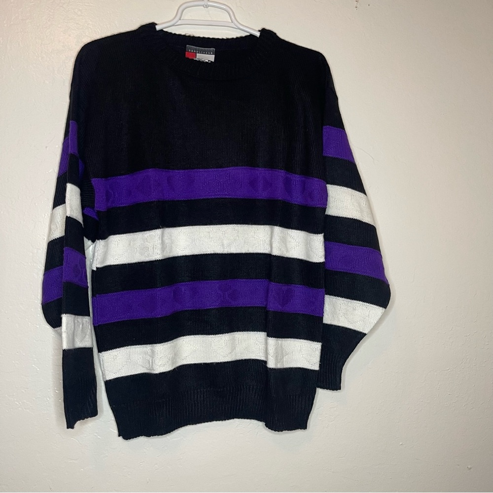 Headliners Vintage made in USA Striped Black,White,and Purple knit Sweater Small